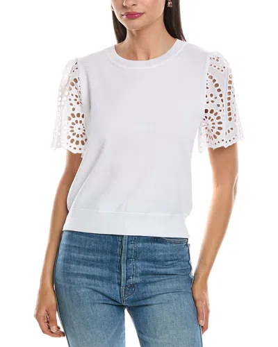 Nanette Lepore Embroidered Eyelet Short Sleeve Twofer Sweater In White