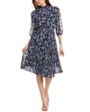 Nanette Lepore Smocked Mock Neck Three-quarter Sleeve Midi Dress In Blue