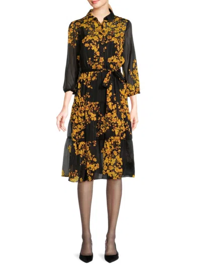 Nanette Lepore Nanette  Women's Floral Belted Shirtdress In Black