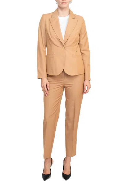 Nanette Lepore Notched Collar Crepe Jacket With Mid Waist Pencil Cut Pants Set In Camel In Brown
