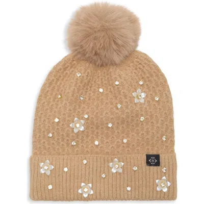 Nanette Lepore Pearl Stud Beanie With Faux Fur Pom In Brown