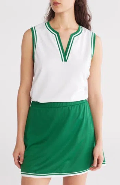 Nanette Lepore Play Sport Tech Split Neck Tank In Bright White/verdant Green