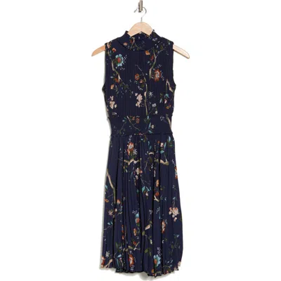 Nanette Lepore Printed Pleated Floral Dress In Navy Print