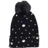 Nanette Lepore Rhinestone Beanie With Faux Fur Pompom In Black