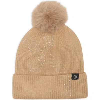 Nanette Lepore Rhinestone Floral Faux Fur Pom Beanie In Taupe