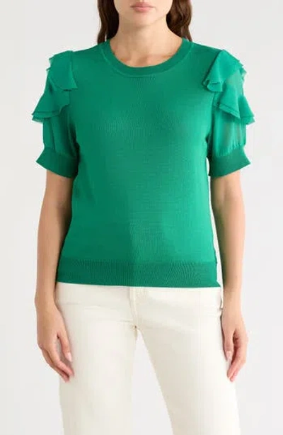 Nanette Lepore Ruffle Short Sleeve Mixed Media Sweater In Green