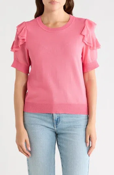 Nanette Lepore Ruffle Short Sleeve Mixed Media Sweater In Pink