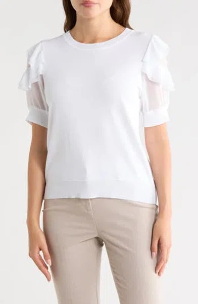 Nanette Lepore Ruffle Short Sleeve Mixed Media Sweater In White