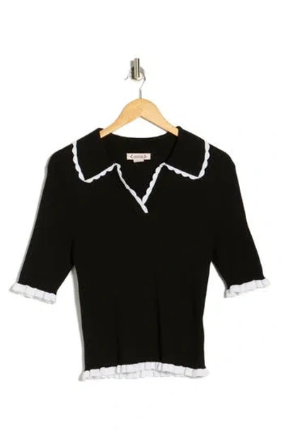Nanette Lepore Scalloped Collar Short Sleeve Polo Sweater In Black