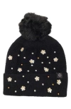 Nanette Lepore Scattered Embellished Faux Fur Pompom Beanie In Black
