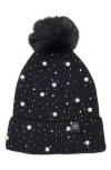 Nanette Lepore Scattered Embellished Faux Fur Pompom Beanie In Black