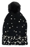 Nanette Lepore Scattered Embellished Faux Fur Pompom Beanie In Black