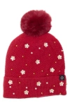 Nanette Lepore Scattered Embellished Faux Fur Pompom Beanie In Burgundy