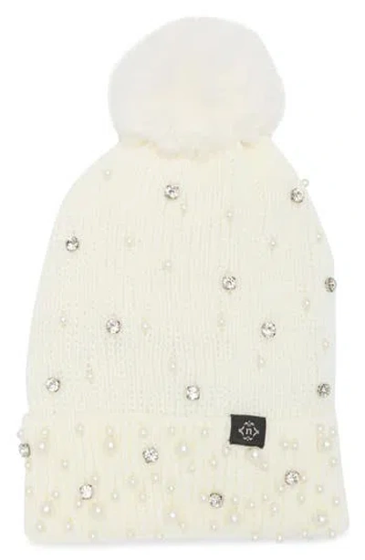 Nanette Lepore Scattered Embellished Faux Fur Pompom Beanie In White