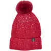 Nanette Lepore Scattered Rhinestone Beanie With Faux Fur Pompom In Red