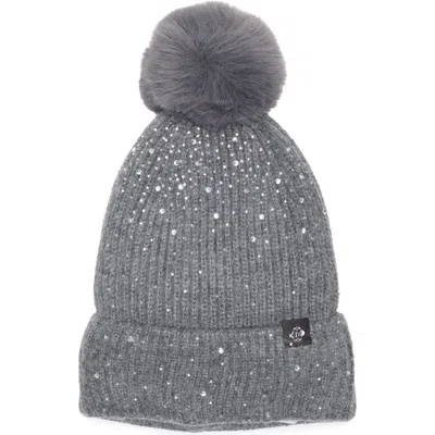 Nanette Lepore Scattered Rhinestone Beanie With Faux Fur Pompom In Gray