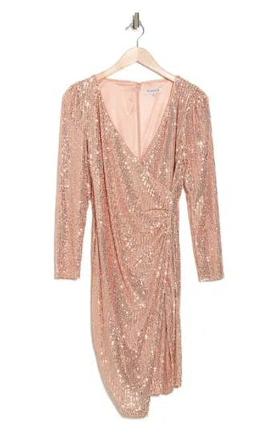 Nanette Lepore Sequin Long Sleeve Faux Wrap Dress In Rose Gold