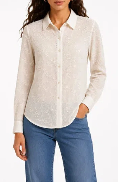 Nanette Lepore Sheer Flower Button-up Shirt In White