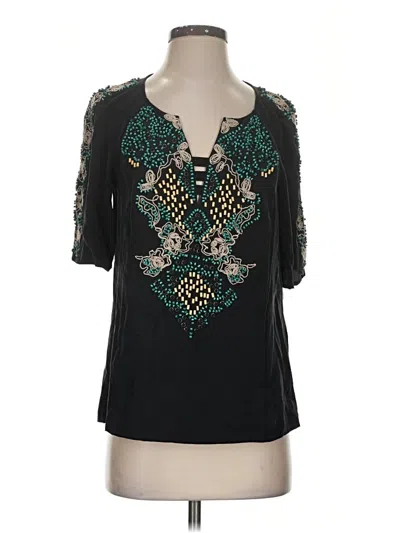 Pre-owned Nanette Lepore Short Sleeve Silk Top Black Keyhole Neckline Tops