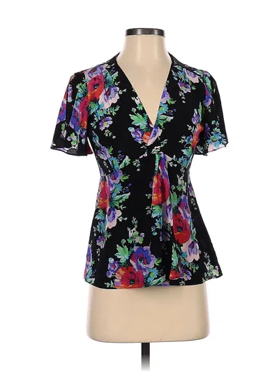 Pre-owned Nanette Lepore Short Sleeve Silk Top Black Plunge Neckline Tops
