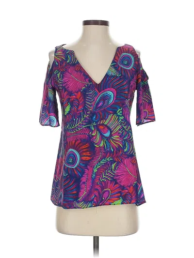 Pre-owned Nanette Lepore Short Sleeve Silk Top Purple Floral Pattern V-neck Tops