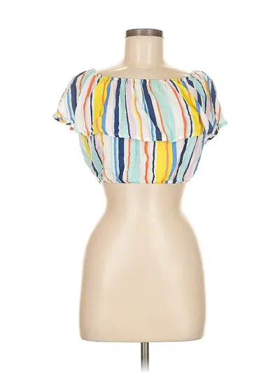 Pre-owned Nanette Lepore Short Sleeve Top Yellow Stripes Pattern Off The Shoulder Neckline Tops