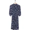 Nanette Lepore Smocked Mock Neck Three-quarter Sleeve Midi Dress In Navy 690-3 Print