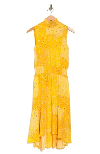 Nanette Lepore Smocked Pleated Crêpe De Chine Dress In Yellow Print
