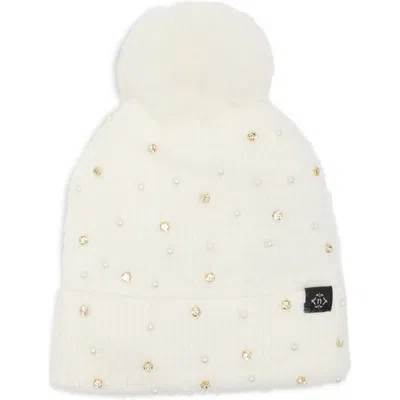 Nanette Lepore Star Embellished Faux Fur Pom Beanie In White