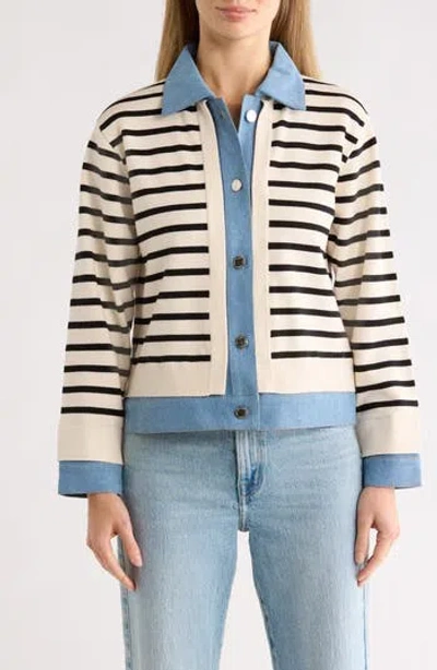 Nanette Lepore Stripe Denim Mix Media Sweater In Blue