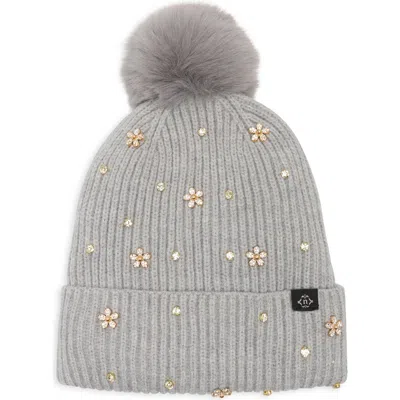 Nanette Lepore Studded Faux Fur Pom Beanie In Lt Grey
