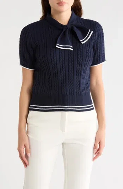 Nanette Lepore Tie Neck Short Sleeve Cable Knit Sweater In Blue