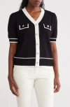 Nanette Lepore Tipped Short Sleeve Sweater In Black