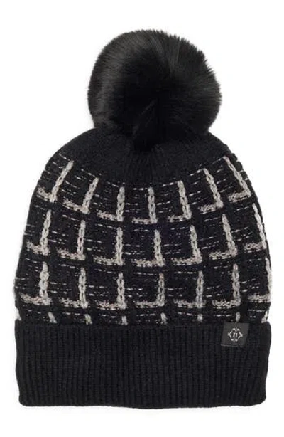 Nanette Lepore Tweed Knit Beanie With Faux Fur Pompom In Black