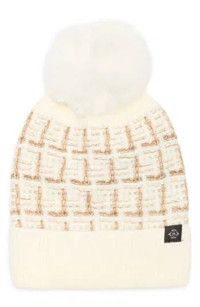 Nanette Lepore Tweed Knit Beanie With Faux Fur Pompom In White