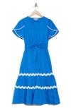 Nanette Lepore Wavy Lace Trim Tie Waist Midi Dress In Blue