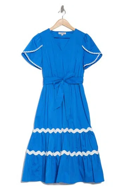 Nanette Lepore Wavy Lace Trim Tie Waist Midi Dress In Blue