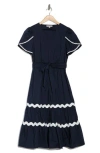 Nanette Lepore Wavy Lace Trim Tie Waist Midi Dress In Nanette Navy/white