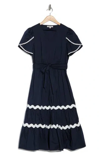 Nanette Lepore Wavy Lace Trim Tie Waist Midi Dress In White