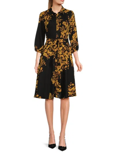 Nanette Lepore Women's Floral Pintuck Pleat Shirt Dress In Black Gold