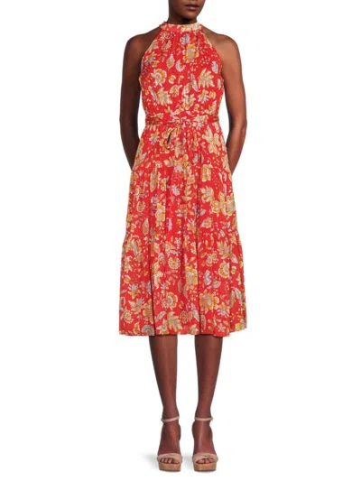 Nanette Lepore Women's Floral Tiered Belted Midi Flare Dress In Safari Sun