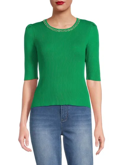 Nanette Lepore Women's Jewelneck Ribbed Sweater In Green