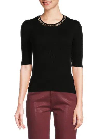 Nanette Lepore Women's Jewelneck Ribbed Sweater In Very Black