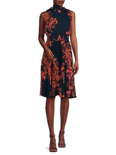 Nanette Lepore Women's Pleated Floral Fit & Flare Midi Dress In Navy Coral