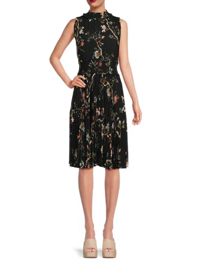Nanette Lepore Women's Pleated Floral Fit & Flare Midi Dress In Very Black  | ModeSens