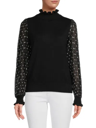 Nanette Lepore Women's Ruffle Trim Polka Dot Sweater In Black White