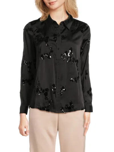 Nanette Lepore Women's Sequin Trim Satin Shirt In Very Black