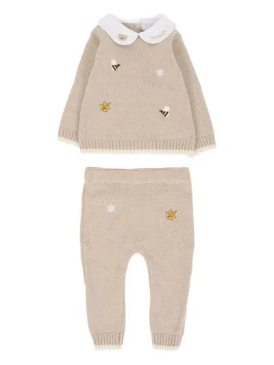 Nanán Babies' Embroidered-collar Knitted Trouser Set In Neutral