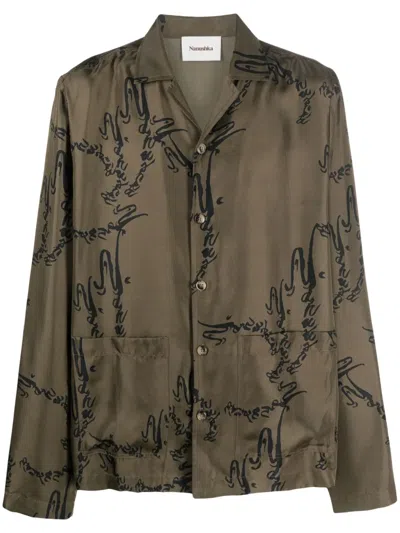 Nanushka Abstract-print Silk Shirt In Green