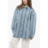 Nanushka Awning Striped Denim Beaux Overshirt With Logo Buttons In Blue